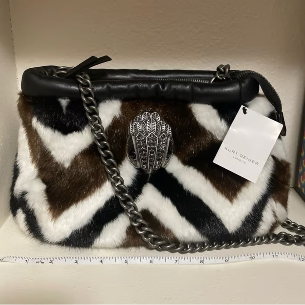 Kurt Geiger Black and Brown Chevron Faux Fur Crossbody Bag - Picture 4 of 4